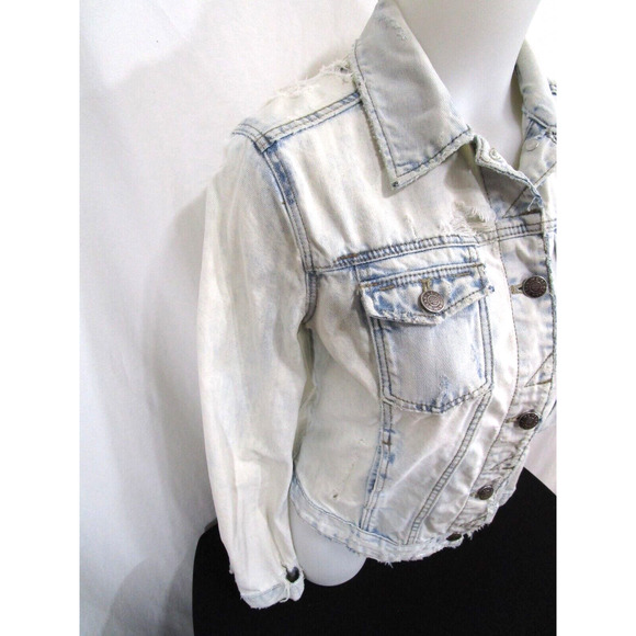 Zara Trafaluc Light Blue Acid Wash Denim Distressed Ripped Jean Jacket Women M - Picture 6 of 11
